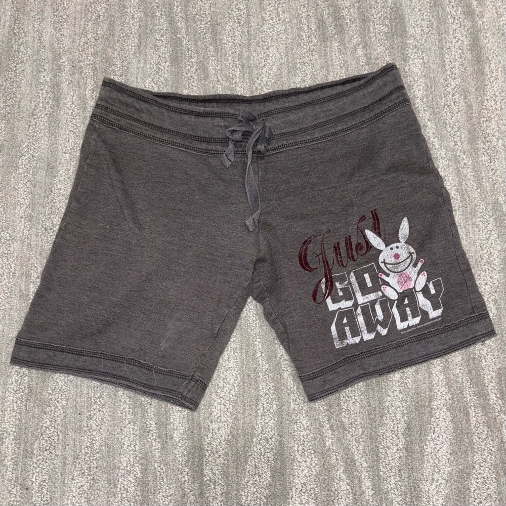 It’s Happy Bunny “Just Go Away” Y2K Shorts Drawstring Gray Graphic Junior Size S